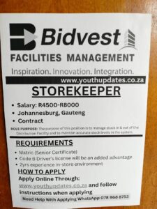 Job Careers Bidvest Facilities Management 2024