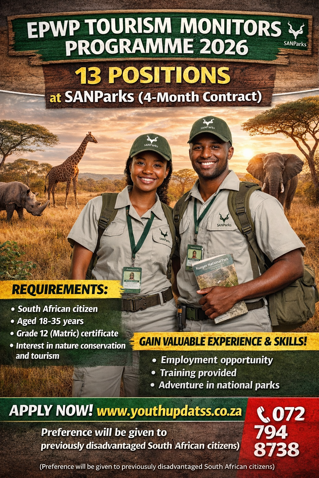 EPWP Tourism Monitors Programme 2026 – 13 Positions at SANParks (4-Month Contract)