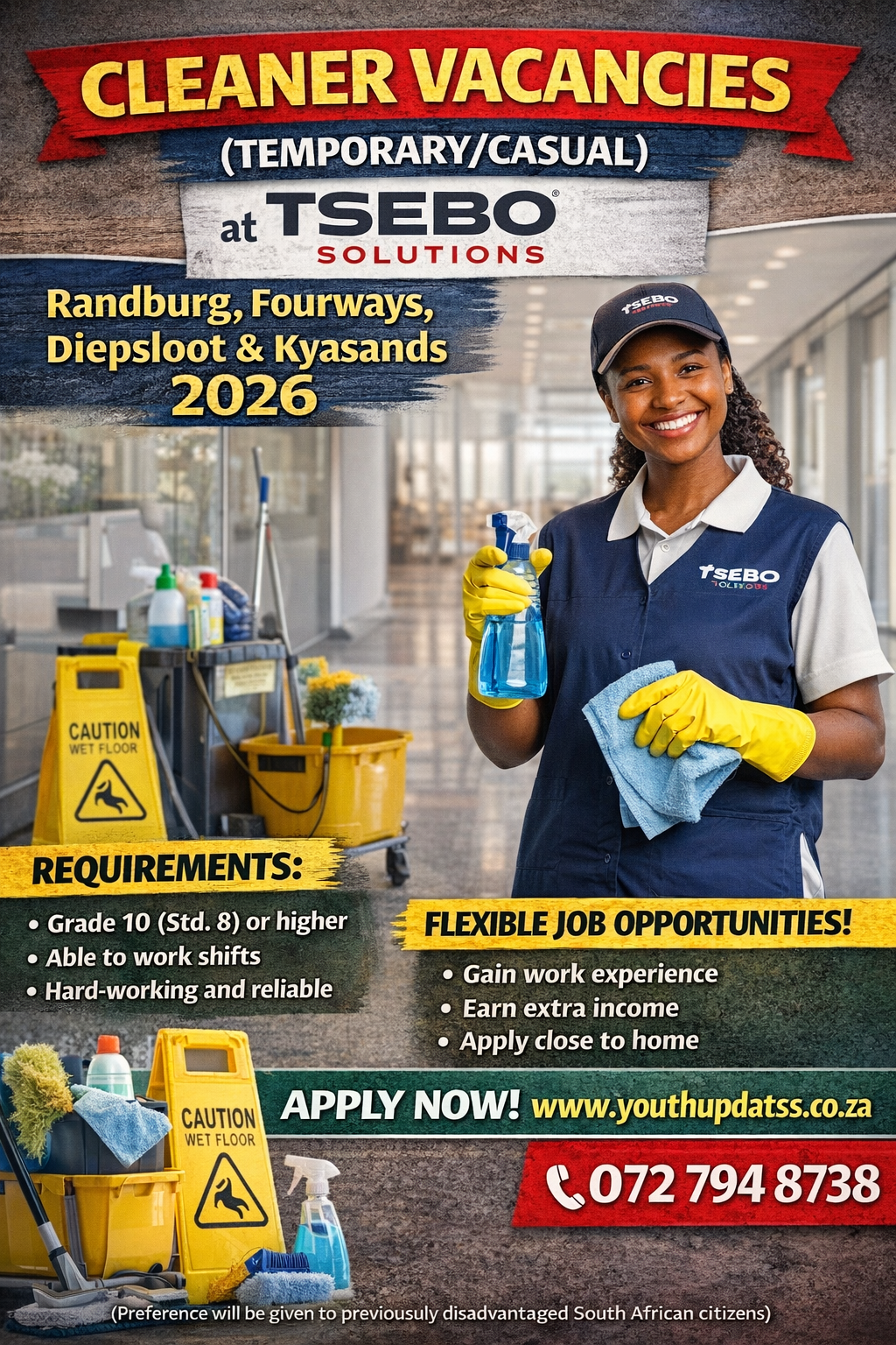 Cleaner Vacancies (Temporary/Casual) at Tsebo Solutions – Randburg, Fourways, Diepsloot & Kyasands 2026