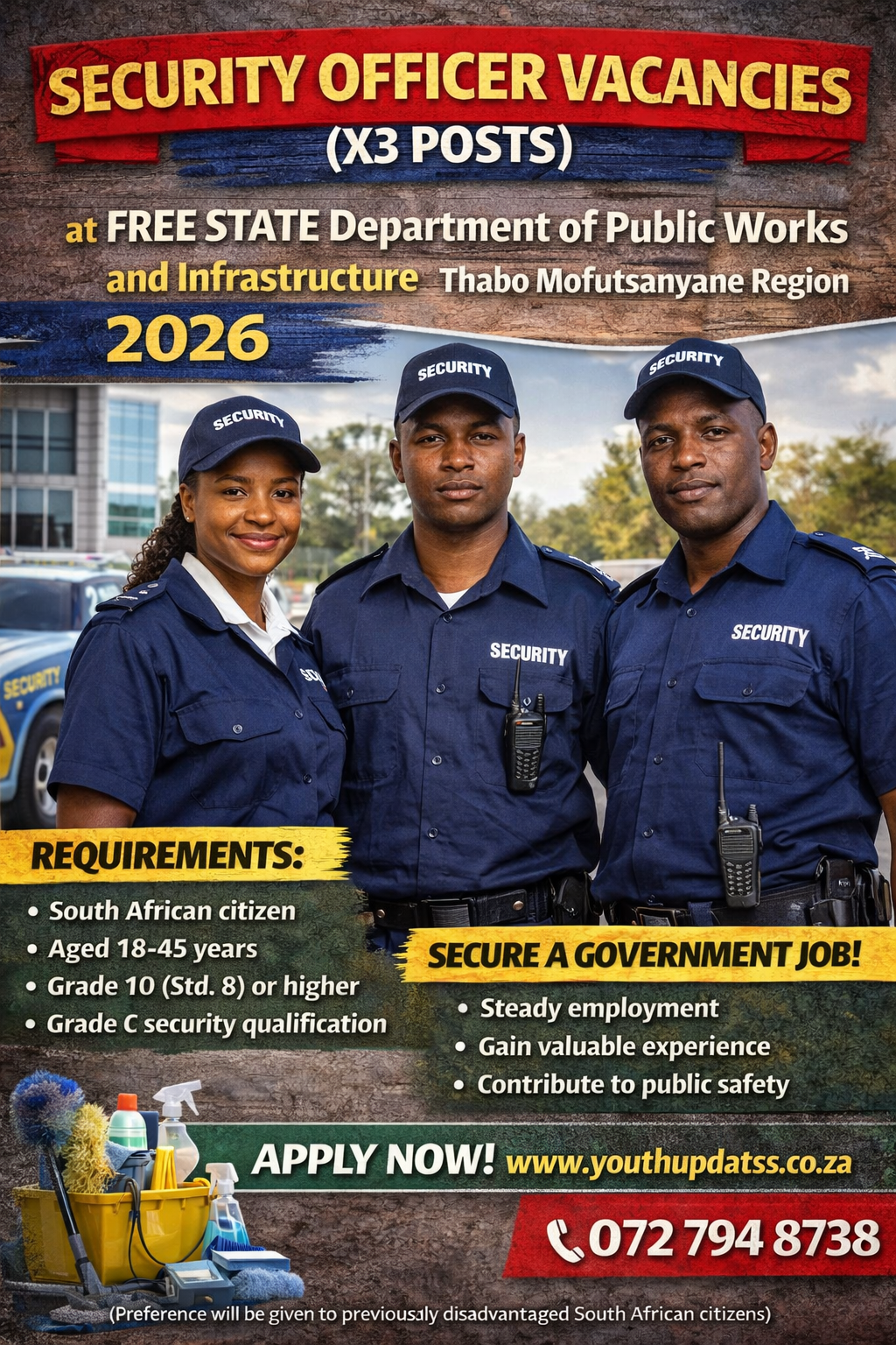 Security Officer Vacancies (X3 Posts) at Free State Department of Public Works and Infrastructure – Thabo Mofutsanyane Region 2026