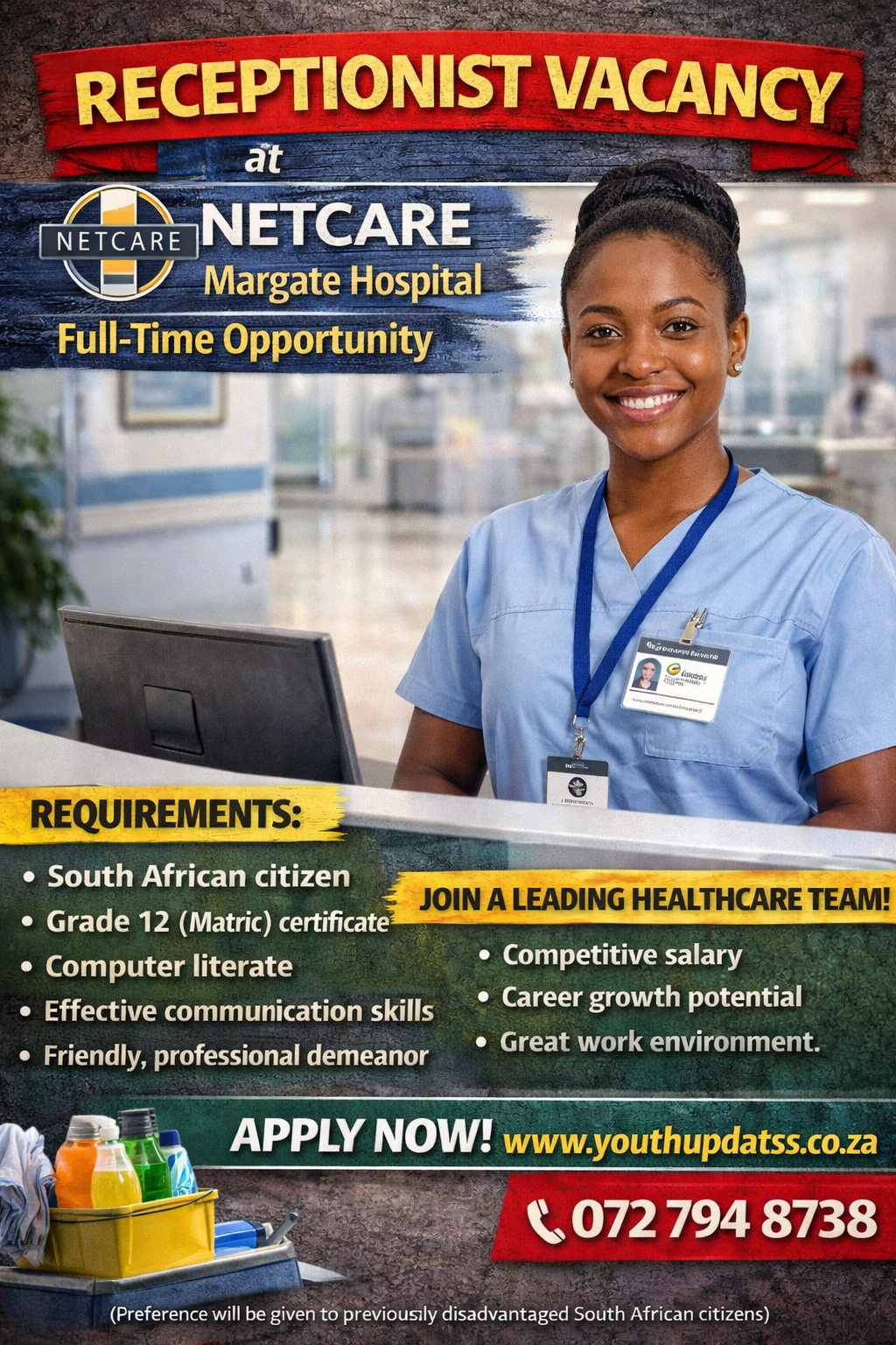 Receptionist Vacancy at Netcare Margate Hospital – Full-Time Opportunity