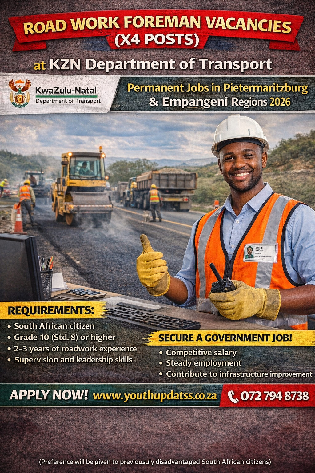 Road Work Foreman Vacancies (X4 Posts) at KZN Department of Transport – Permanent Jobs in Pietermaritzburg & Empangeni Regions 2026