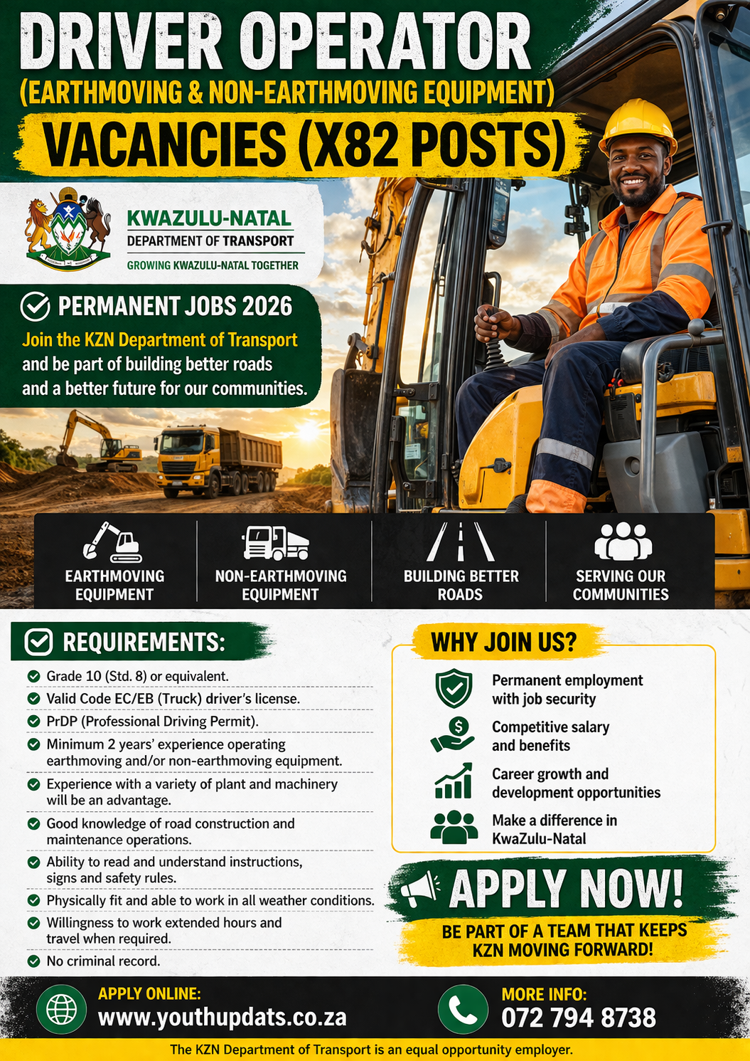 Driver Operator (Earthmoving & Non-Earthmoving Equipment) Vacancies (X82 Posts) at KZN Department of Transport – Permanent Jobs 2026