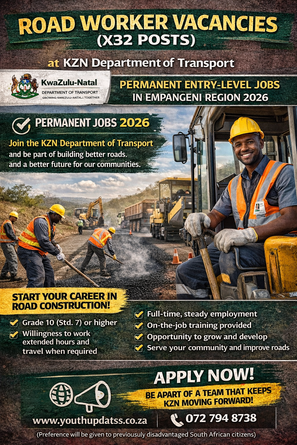 Road Worker Vacancies (X32 Posts) at KZN Department of Transport – Permanent Entry-Level Jobs in Empangeni Region 2026