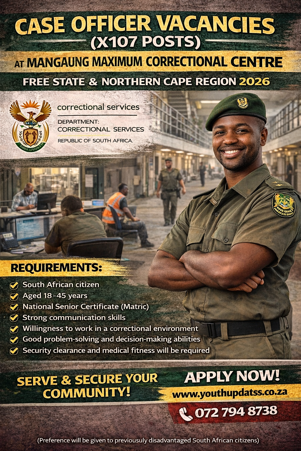Case Officer Vacancies (X107 Posts) at Mangaung Maximum Correctional Centre – Free State & Northern Cape Region 2026