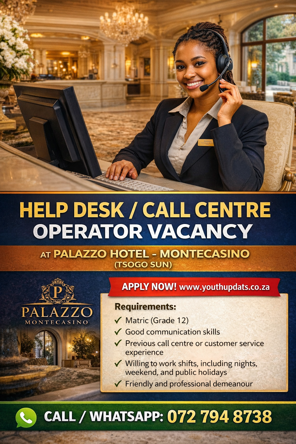 Help Desk / Call Centre Operator Vacancy at Palazzo Hotel - Montecasino (Tsogo Sun)
