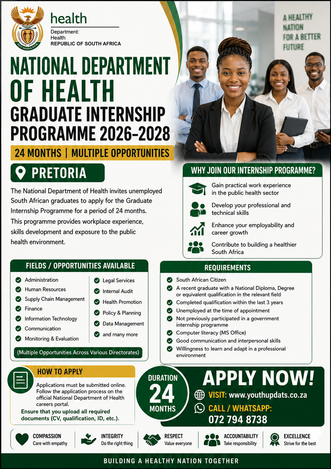 National Department of Health Graduate Internship Programme 2026-2028 (24 Months) – Multiple Opportunities in Pretoria