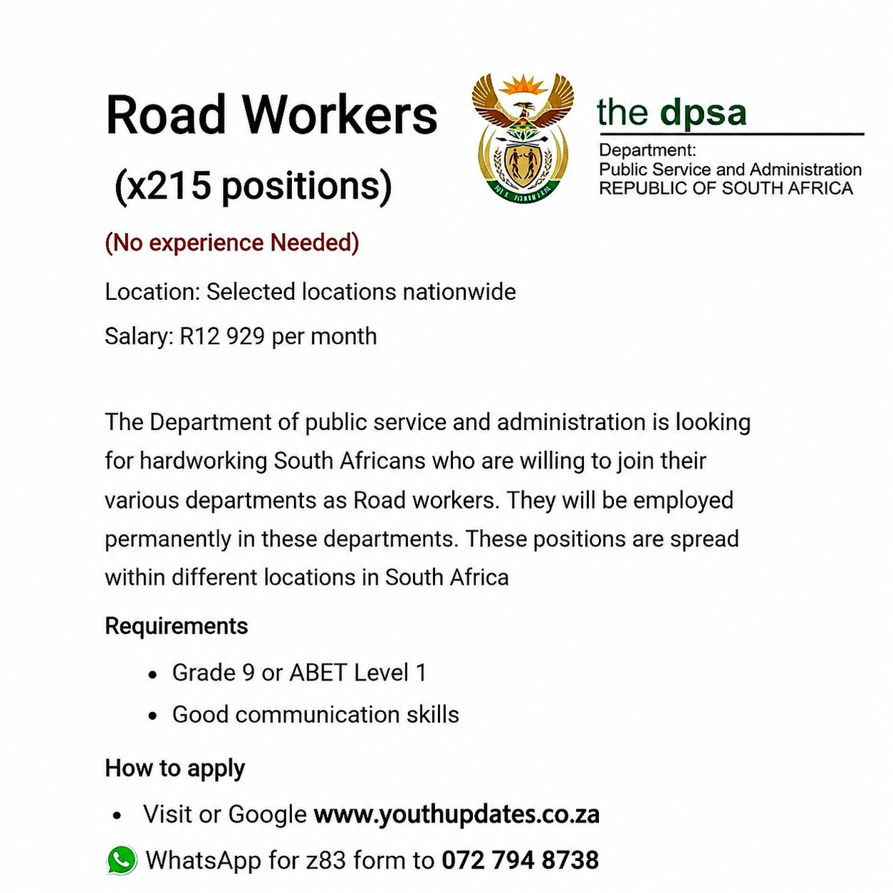 Road Workers and Road Operators Jobs in Mpumalanga (X73 Posts) – Grade 10 Opportunities 2026