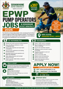 EPWP Pump Operators Jobs in Sekhukhune District Municipality (x397 Posts) – 2026