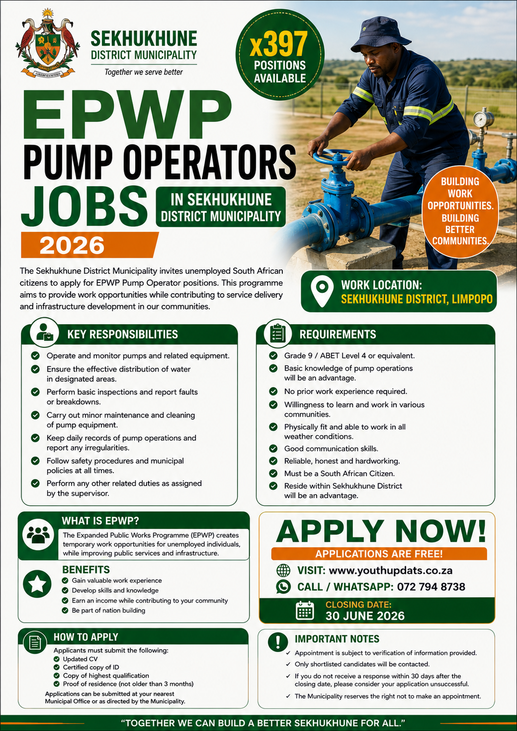EPWP Pump Operators Jobs in Sekhukhune District Municipality (x397 Posts) – 2026