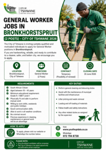 General Worker Jobs in Bronkhorstspruit (2 Posts) – City of Tshwane 2026