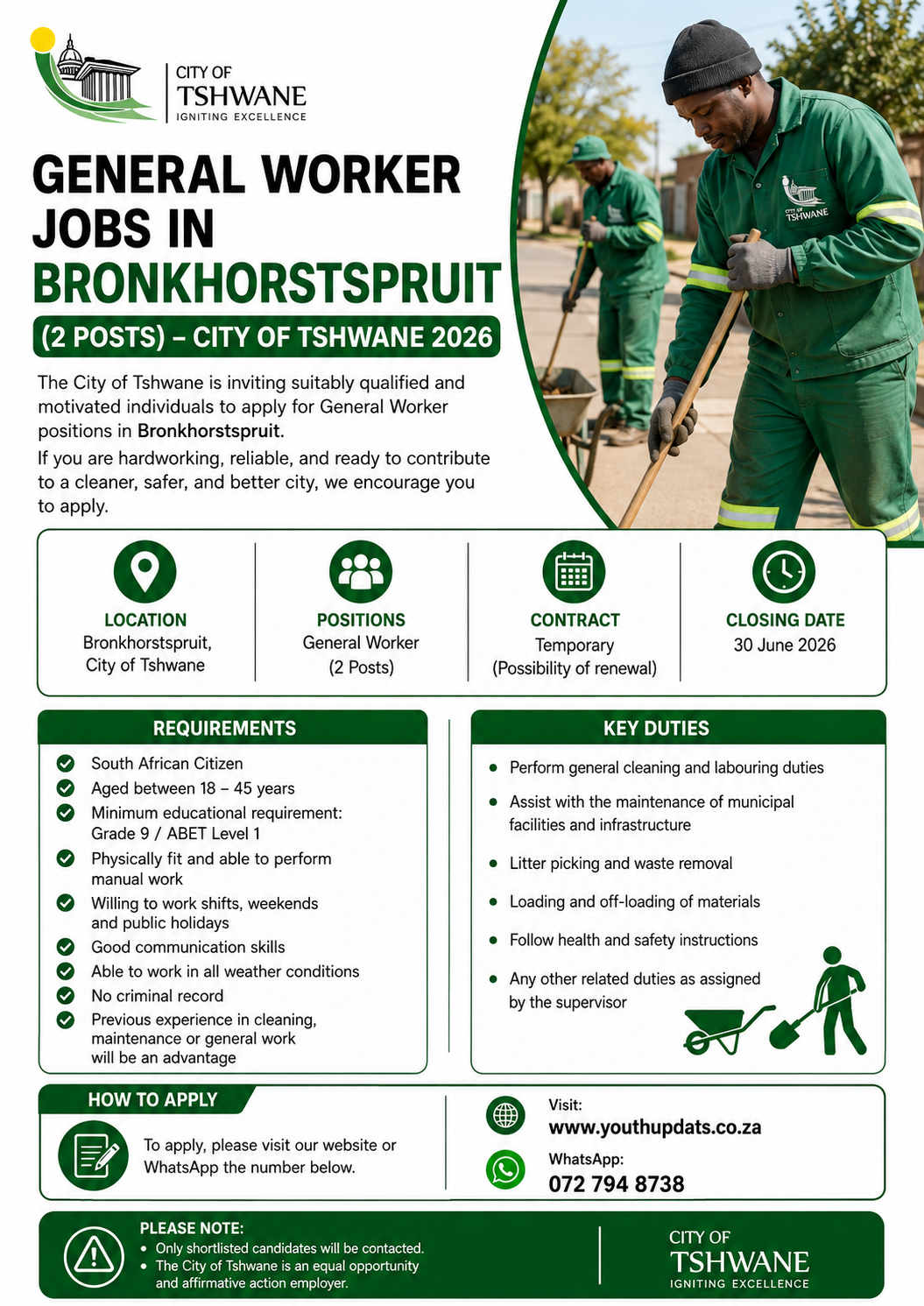 General Worker Jobs in Bronkhorstspruit (2 Posts) – City of Tshwane 2026