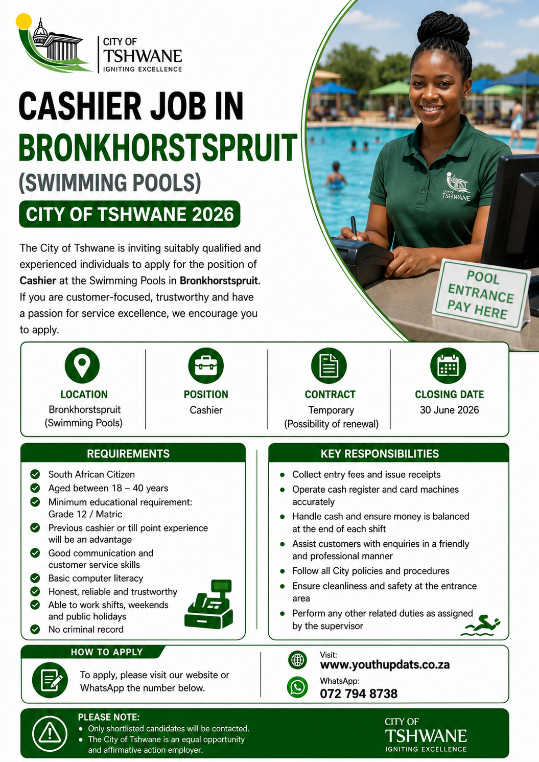 Cashier Job in Bronkhorstspruit (Swimming Pools) – City of Tshwane 2026