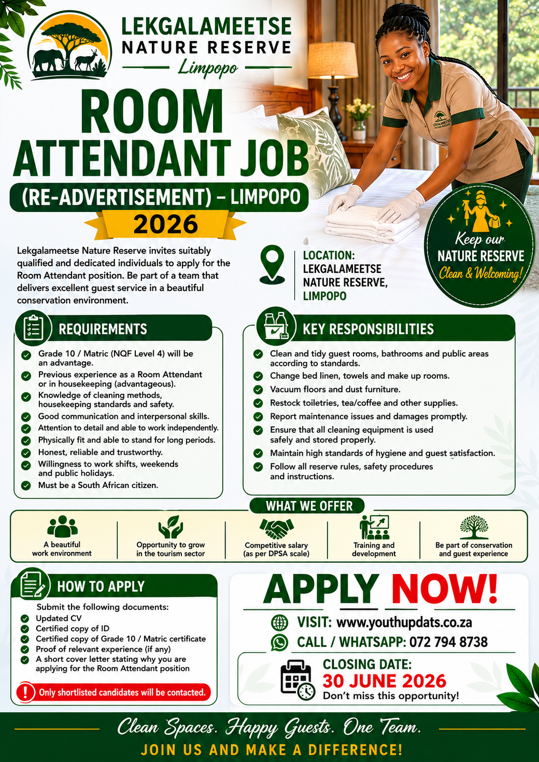 Room Attendant Job at Lekgalameetse Nature Reserve (Re-advertisement) – Limpopo 2026