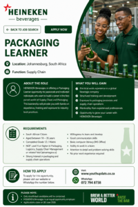 Packaging Learner Learnership Programme 2026 – NQF 3 Packaging Operations at Sedibeng Manufacturing Plant