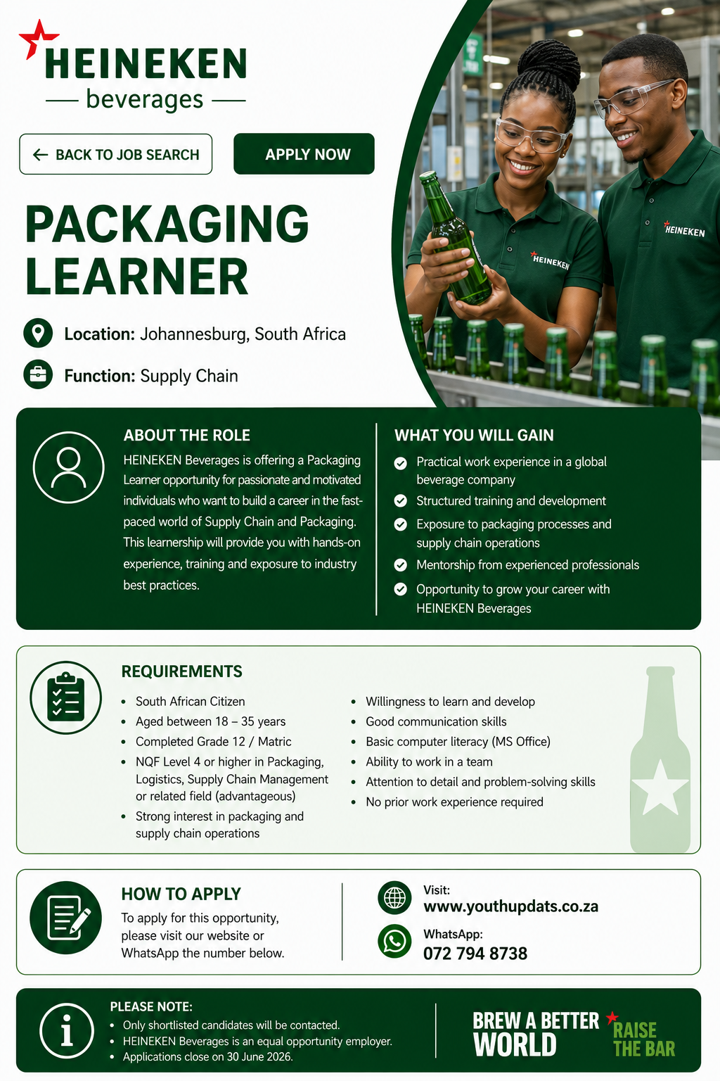 Packaging Learner Learnership Programme 2026 – NQF 3 Packaging Operations at Sedibeng Manufacturing Plant