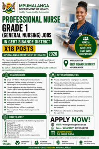 Professional Nurse Grade 1 (General Nursing) Jobs in Gert Sibande District (X18 Posts) – Mpumalanga Department of Health 2026