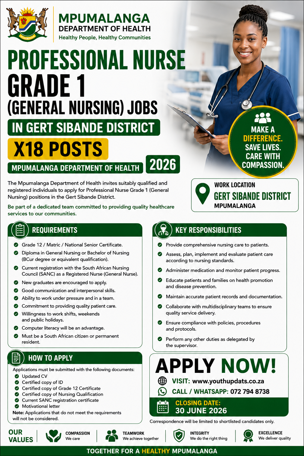 Professional Nurse Grade 1 (General Nursing) Jobs in Gert Sibande District (X18 Posts) – Mpumalanga Department of Health 2026