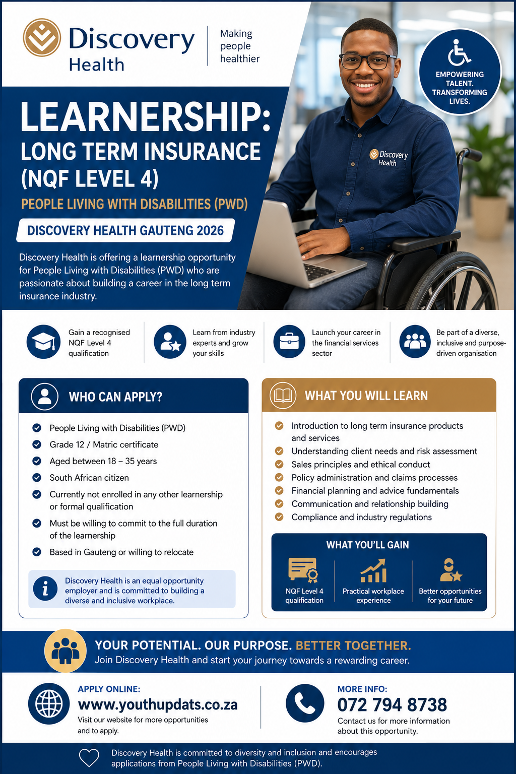 Learnership: Long Term Insurance (NQF Level 4) – People Living with Disabilities (PWD) | Discovery Health Gauteng 2026