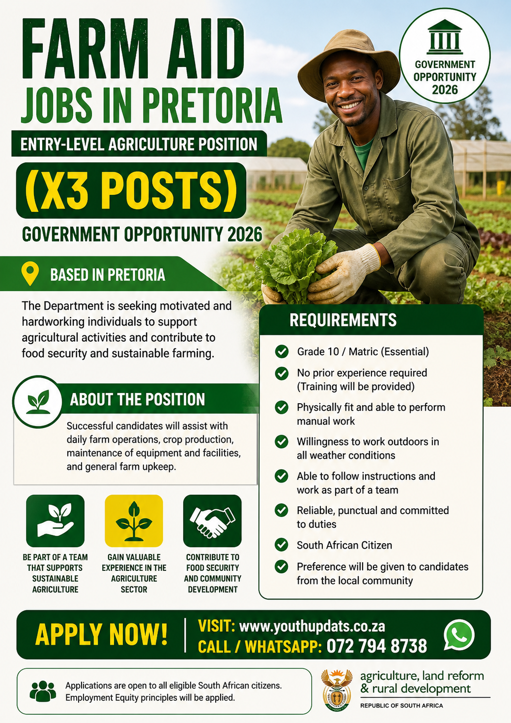 Farm Aid Jobs in Pretoria | Entry-Level Agriculture Position (X3 Posts) | Government Opportunity 2026