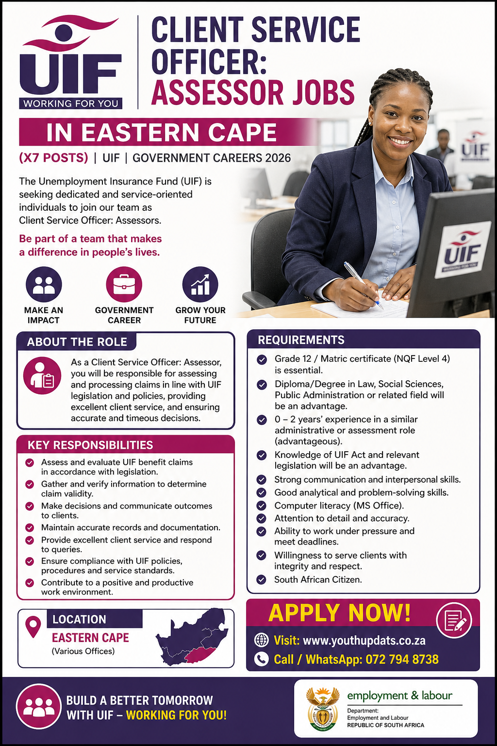 Client Service Officer: Assessor Jobs in Eastern Cape (X7 Posts) | UIF | Government Careers 2026