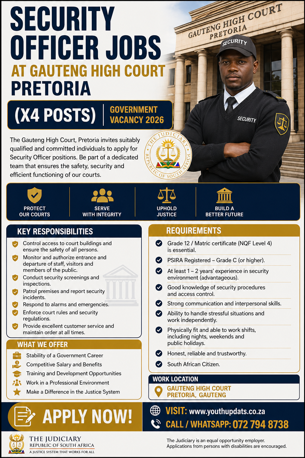 Security Officer Jobs at Gauteng High Court Pretoria (X4 Posts) | Government Vacancy 2026