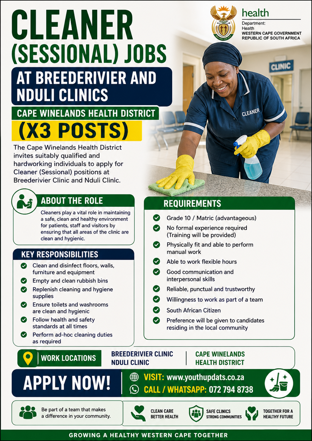 Cleaner (Sessional) Jobs at Breederivier and Nduli Clinics | Cape Winelands Health District (X3 Posts)