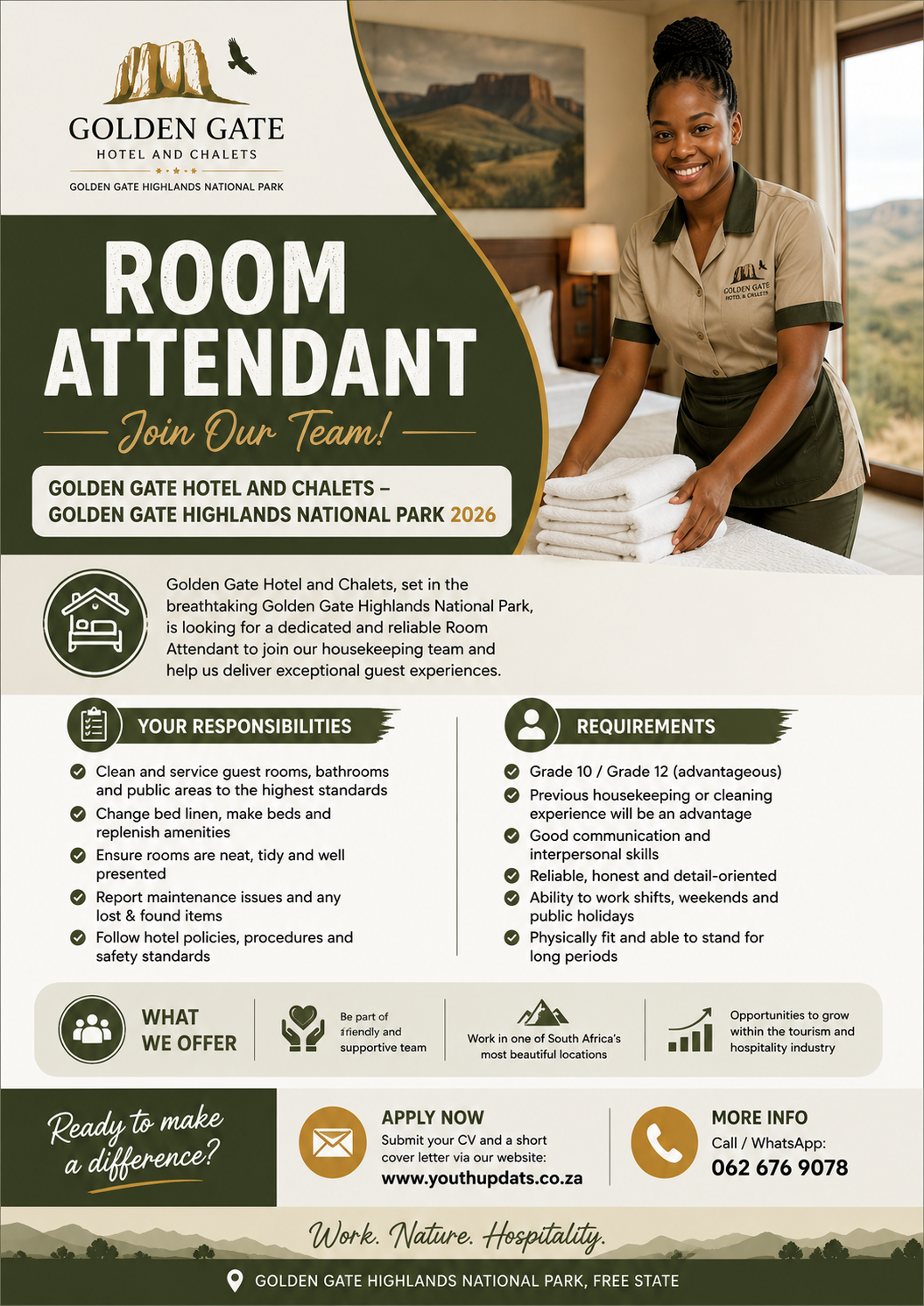 Room Attendant Job at Golden Gate Hotel and Chalets – Golden Gate Highlands National Park 2026