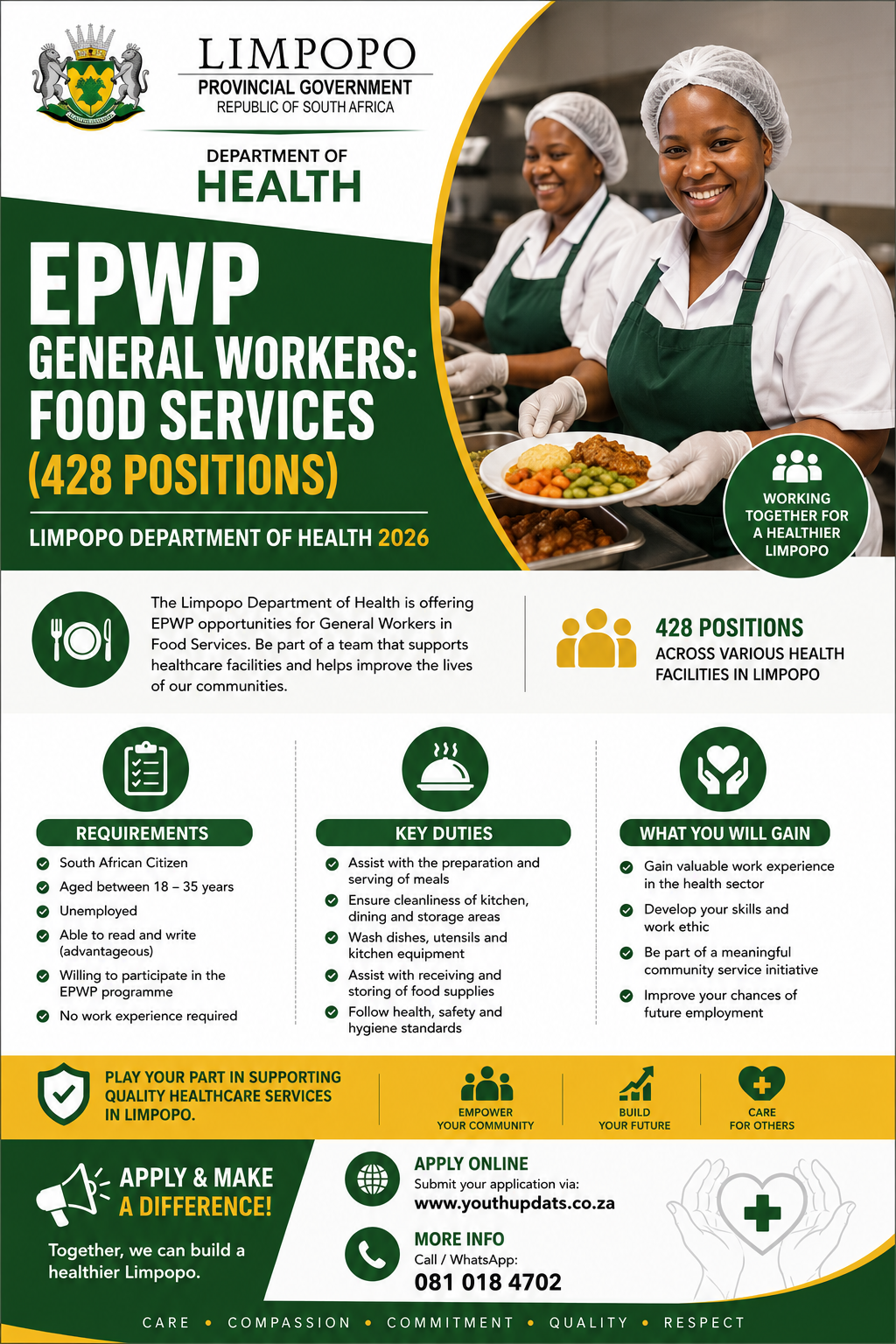 EPWP General Workers: Food Services (428 Positions) – Limpopo Department of Health 2026