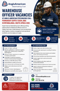 Warehouse Officer Vacancies at Anglo American Steelmaking Coal – Permanent Supply Chain Jobs in Mpumalanga, South Africa 2026