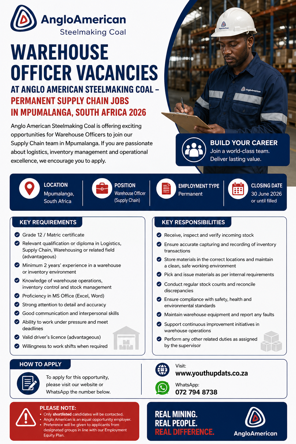 Warehouse Officer Vacancies at Anglo American Steelmaking Coal – Permanent Supply Chain Jobs in Mpumalanga, South Africa 2026