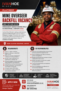 Mine Overseer Backfill Vacancy (REF: IVP-MIN-2610) at Ivanhoe Mines Platreef – Permanent Senior Mining Role in Mokopane, Limpopo 2026
