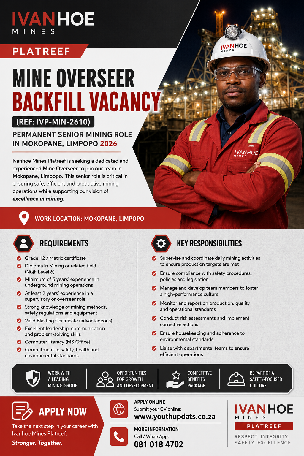 Mine Overseer Backfill Vacancy (REF: IVP-MIN-2610) at Ivanhoe Mines Platreef – Permanent Senior Mining Role in Mokopane, Limpopo 2026